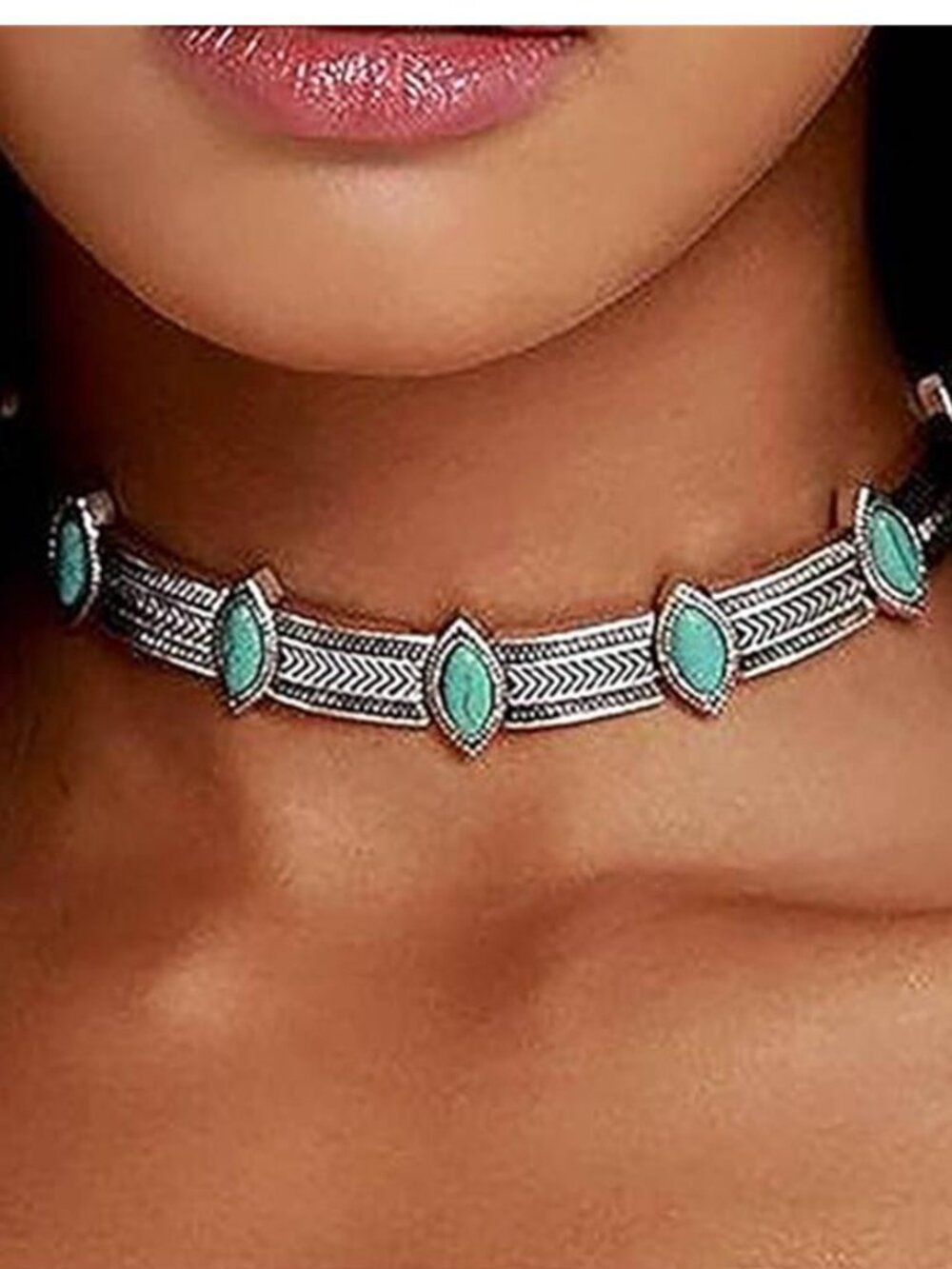 Turquoise Silver Tone Choker Necklace Western Boho Statement